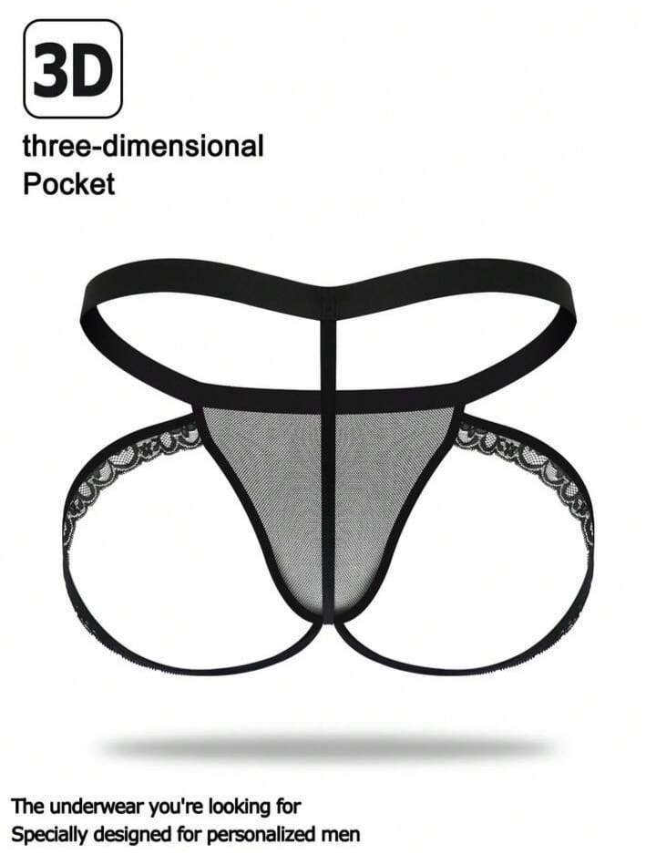 Black Lace Trim Mesh Breathable Mid-Waist Thongs Briefs Alluring For Men